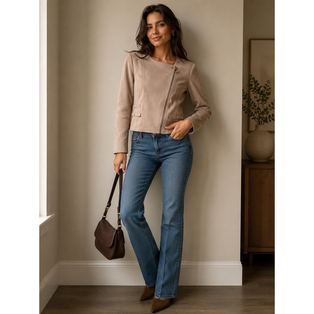 Haute‎ Monde Faux Suede Asymmetrical Moto Jacket Blush Taupe Womens Large